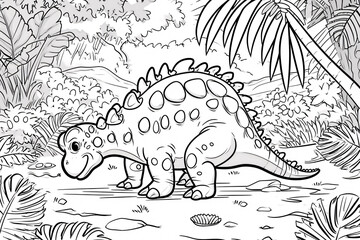 Ankylosaurus Dinosaur Black White Linear Doodles Line Art Coloring Page, Kids Coloring Book