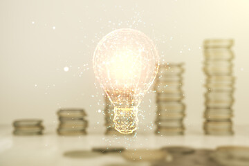 Abstract virtual light bulb illustration on coins background, future technology concept. Multiexposure