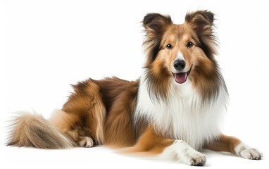 A beautiful Collie dog with a lush coat, laying gracefully, isolated on a white background.