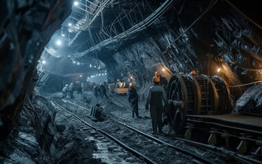 Workers in protective gear at a dark, moody coal mine, illuminated by heavy machinery lights. - obrazy, fototapety, plakaty