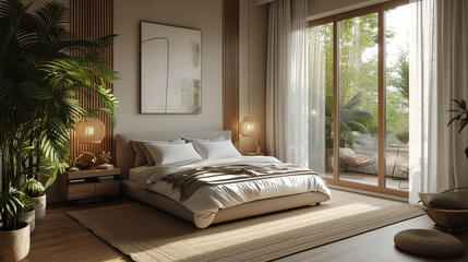 Calm and uncluttered bedroom retreat with a focus on neutral tones and cozy textures. 