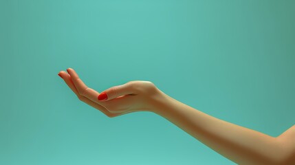Against a blue background, a female hand makes a gesture as if handing the hanging object to outstretched hand. 3D trendy collage in magazine style. Contemporary art. Modern design.