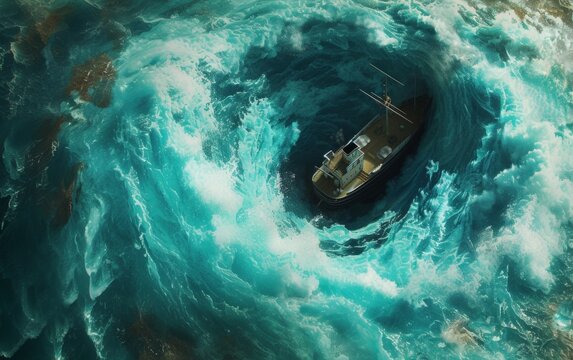 A dramatic scene unfolds as a ship is caught in a massive whirlpool, symbolizing the relentless power of nature.
