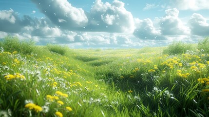 In the summer spring, a beautiful grass-filled meadow is surrounded by fresh yellow dandelions against a blurry blue sky filled with clouds.