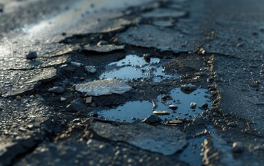 A close-up view of a large pothole in an asphalt road, highlighting the need for repair and maintenance.