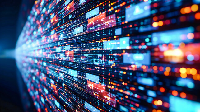 Futuristic binary code and abstract technology concept, symbolizing advanced digital information and cybersecurity in a deep blue networked background