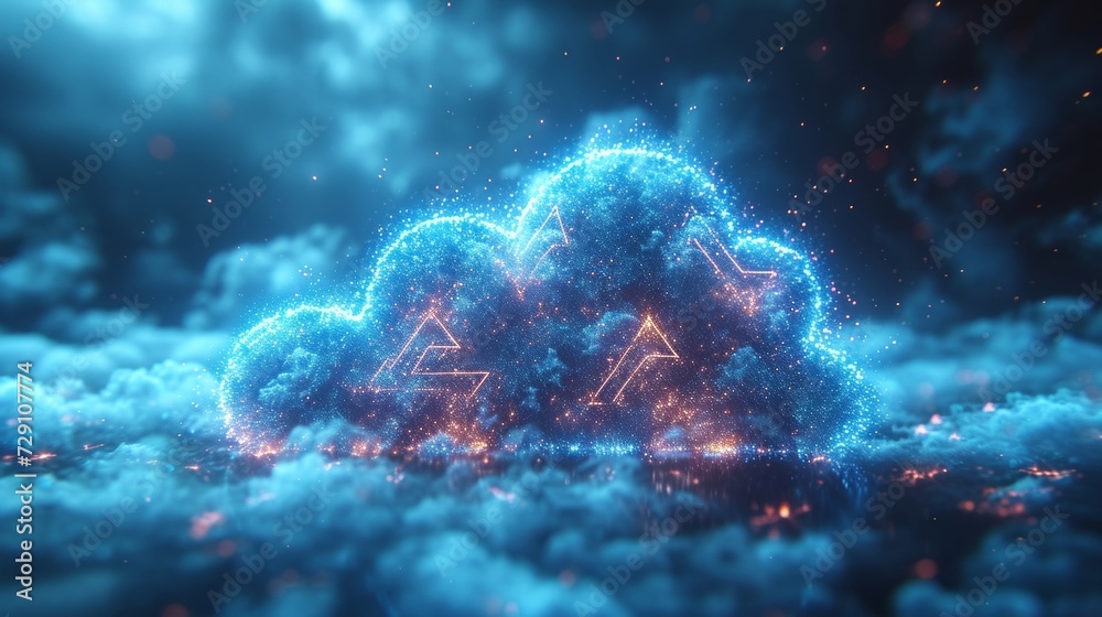 Poster An abstract polygonal wireframe cloud storage icon on dark blue background. Cloud computing, big data centers, future infrastructure, and artificial intelligence concepts. A virtual hosting icon.