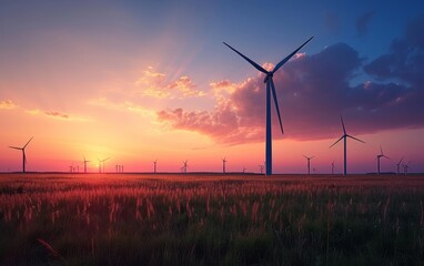 Windmills generate electricity in a field, their silhouettes standing tall against the backdrop of a stunning sunset.