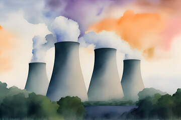 Smoke steam from Nuclear power plant facility cooling towers for fission power electric energy production generation for urban industrial concept backdrop watercolor style