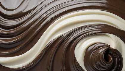 Background of dark and white chocolate, pattern of two types of chocolate cream
