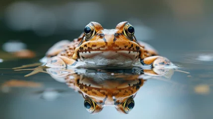 Zelfklevend Fotobehang A marsh frog with its reflection on the water  © PNG