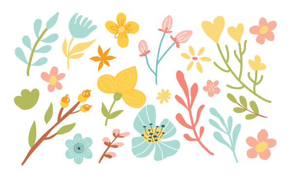 Hand drawn Flower collection. Spring set with botanical elements. Happy Easter. Handdrawn flowers