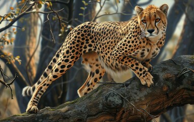 A cheetah perches on a tree branch, surveying the vast savannah landscape with keen eyes.