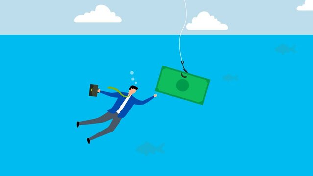money trap,  4k animation of businessman dives into the business seas, baiting his hook with a dollar notes.