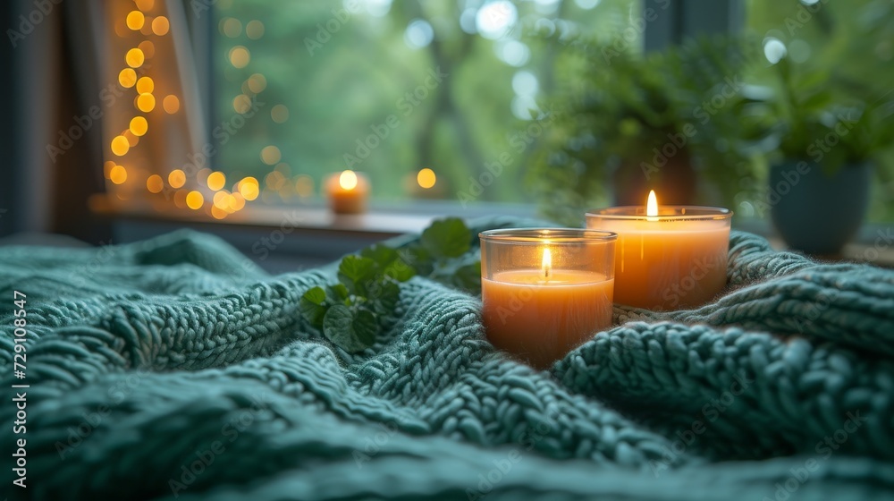 Poster An interior photo of a bedroom with a glowing lamp at night, burning candles, and green blankets on the bed