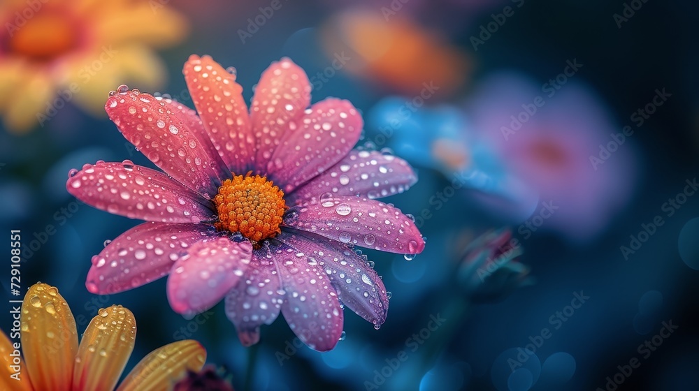 Poster the wildflowers and dew drops are beautiful at dawn. the background is a light blur, and the main su