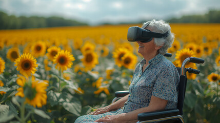 Fototapeta premium VRで花畑を楽しむおばあさん
