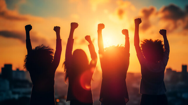 group of women in front of sunset celebrating female solidarity and empowerment