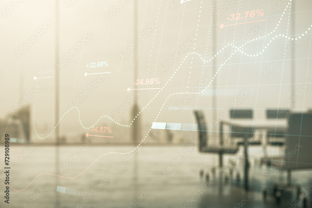 Poster Abstract virtual analytics data spreadsheet on a modern coworking room background, analytics and analysis concept. Multiexposure