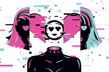 Glitch girl illustration art. Woman portrait with emoticon. Cyberpunk style.