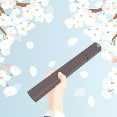 桜の木の下で卒業証書の筒を掲げるベクターイラスト