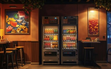 Illuminated vending machines with snacks and drinks in a cozy, modern lounge area during the evening.