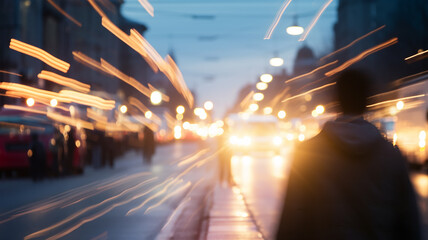 traffic in the city, the silhouette of a man against the background of blurred traffic tracks, headlights, night urban life,  motion blur abstract background - 729109509