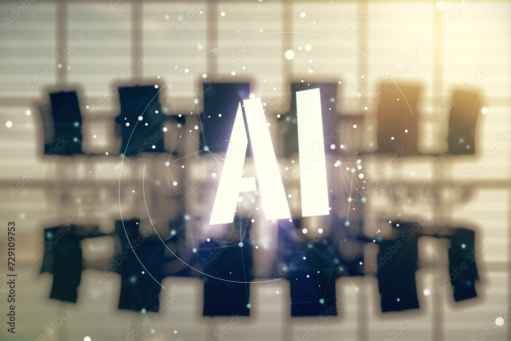 Poster abstract virtual artificial intelligence symbol hologram on a modern conference room background. mul