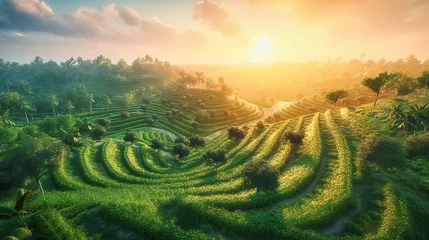 Fotobehang Lush green agricultural landscape in Asia, highlighting mountainous plantations and the serene beauty of rural farming, ideal for travel and environmental themes © MdIqbal