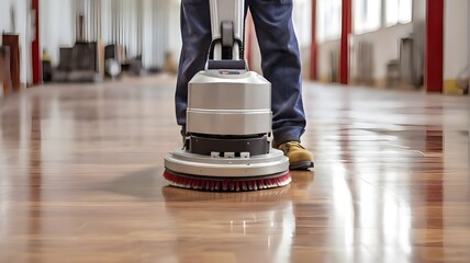 A worker is using a high-speed polishing machine to restore and enhance the shine of a hard floor