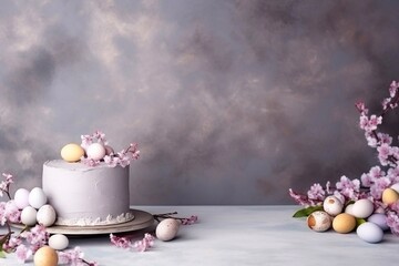 Obraz na płótnie Canvas Easter egg and cake on grey table background Happy easter backdrop for spring holiday Card 