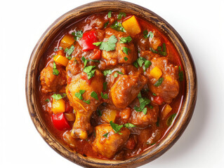 Ethiopian festive doro wat, spicy, chicken, stewed in tomato sauce, top view, on a white background, food photo. Easter celebration concept and festive products