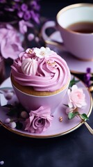 
Purple aesthetics trendy floral cupcake and cup of coffee. French no sugar dessert close up