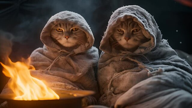 Two Adorable Tabby Cats Wrapped in Blankets Enjoying the Warmth of a Campfire on a Chilly Night. Feline Comfort