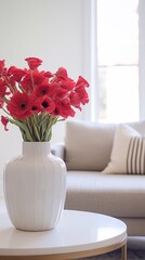 
vase of red flowers in a modern white living room
