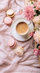 Obraz na płótnie Canvas Wicker tray cup of coffee with milk piece of cake rose flowers eucalyptus branch candles pink