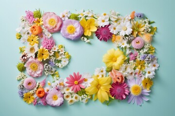 	
Word spring made of colorful flowers on a bright background Spring or summer concept Flat lay