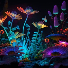 Fototapeta na wymiar A surreal garden of hope, where bioluminescent flowers bloom in an array of vibrant colors, symbolizing resilience and strength on Rare Disease Day