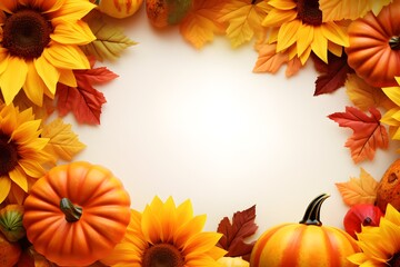 Thanksgiving holiday card banner design Fall leaves and pumpkins composition Happy Thanksgiving day