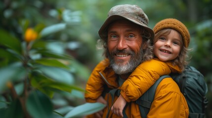 Fototapeta premium a father and child on a hiking adventure in a lush green forest. They're wearing casual outdoor gear and backpacks