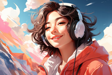 Cheerful woman listening music with headphone, anime cartoon style illustration, generative AI