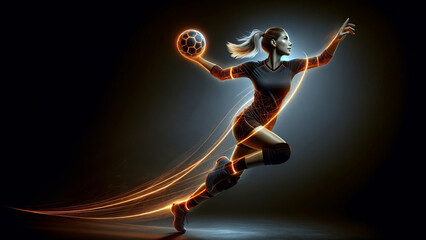 Dynamic Female Athlete Mid-Air Handball Action