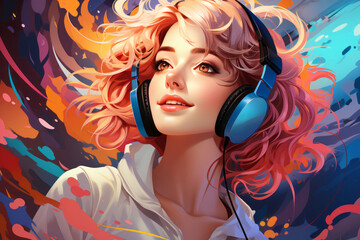 Cheerful woman listening music with headphone, anime cartoon style illustration, generative AI