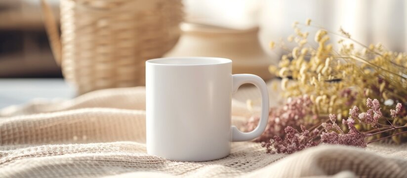 Focus on the white mug with soft surroundings where you can customize your design.