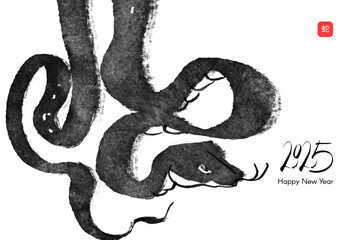 Happy Lunar New Year 2025 Year of the Snake! Chinese New Year celebration card template with ink hand drawn number and snake, Lunar calendar symbol. Chinese text means "The year of the snake".