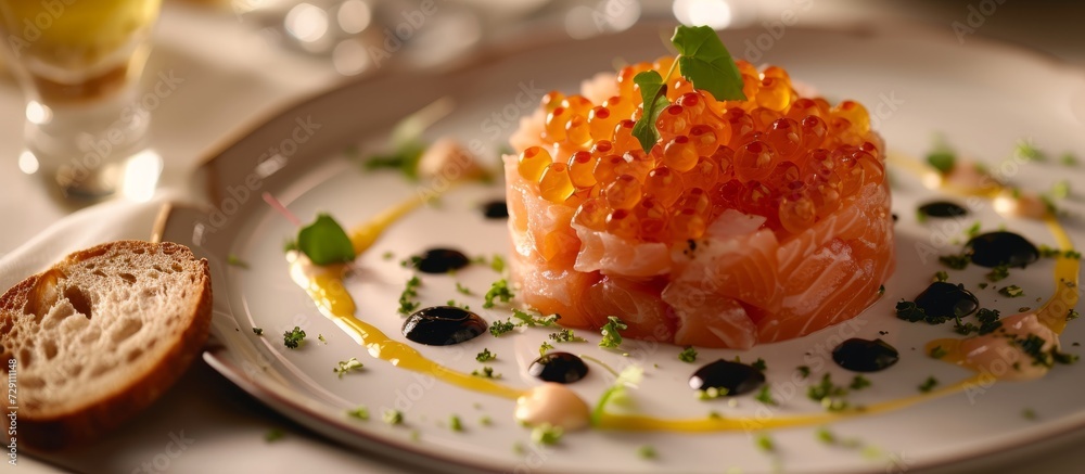 Poster red fish and caviar tartare, accompanied by bread and sauce, on a plate.