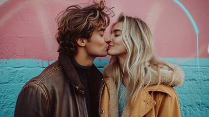 Young beautiful couple kissing against backdrop of pink and blue walls, romantic and vibrant scene