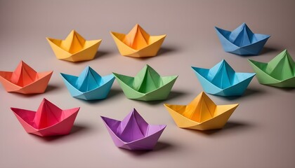 Colorful paper boats origami on warm white background 