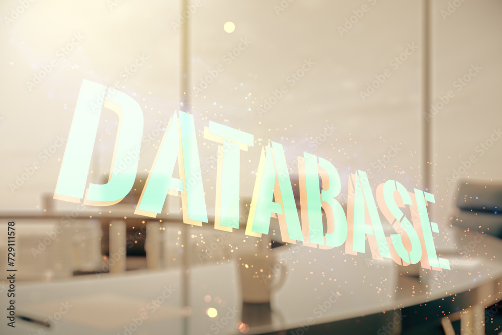 Aufkleber double exposure of database word sign on a modern conference room background, global research and an