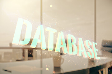 Double exposure of Database word sign on a modern conference room background, global research and analytics concept